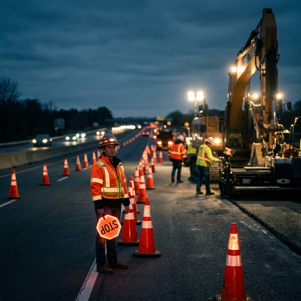 Highway construction zone with flagger
